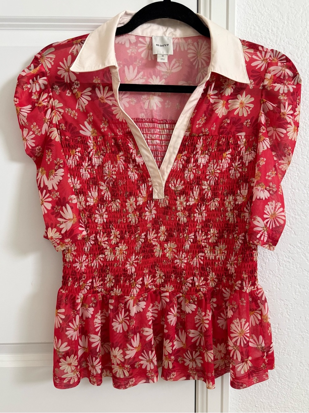 Anthropologie Maeve Red Floral Collard Peplum Top Women’s Medium